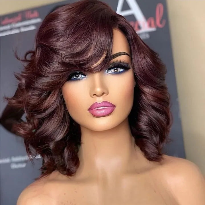 SDD Double Drawn Dark 99J Color Cute Style Remy Human Hair Lace Frontal Closure Wigs With Bang